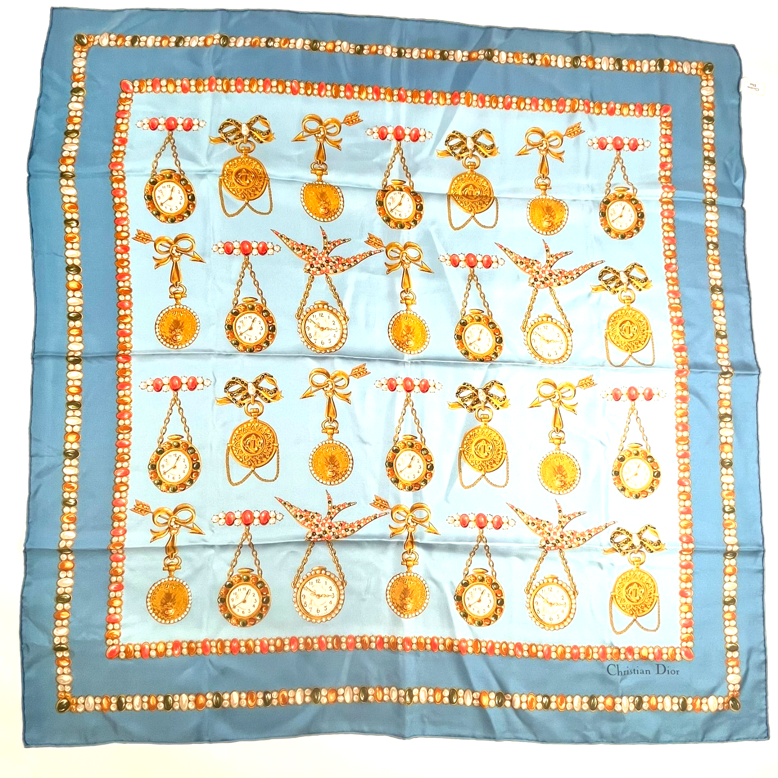 Christian Dior Silk Scarf Jewel & Watch Charm Pattern Blue 34.5" X 34.125"